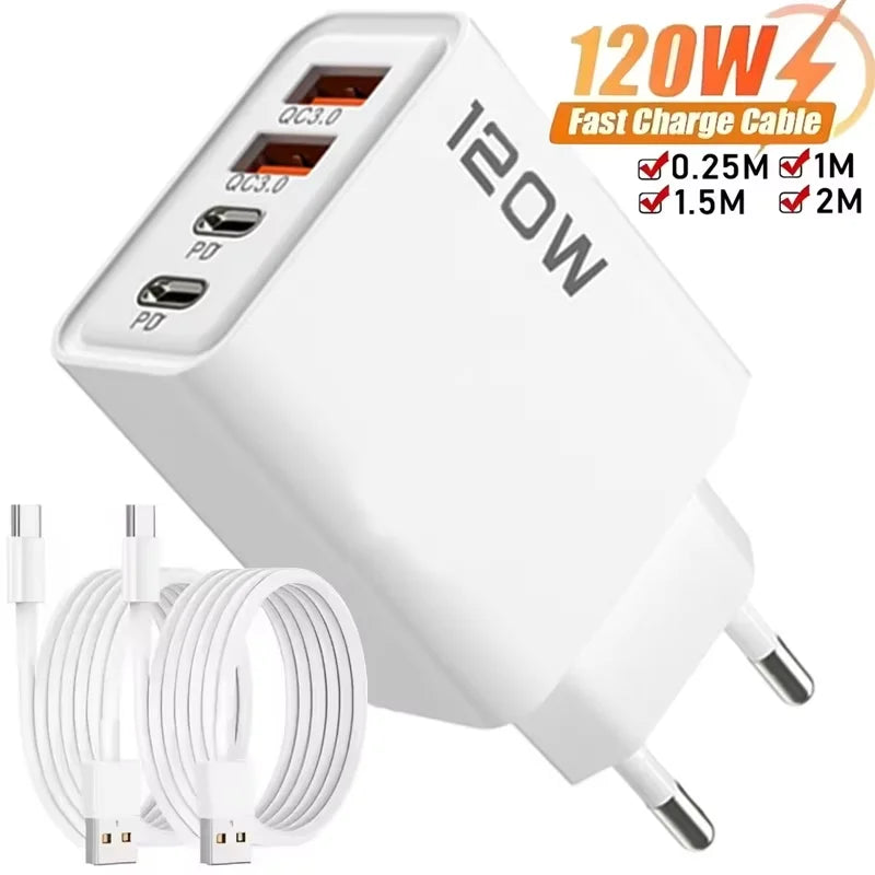 120W Süper Hızlı Şarj Adaptörü | PD + QC3.0 Destekli | Type-C + USB Duvar Şarjı | iPhone, Xiaomi, Huawei, OnePlus Uyumlu