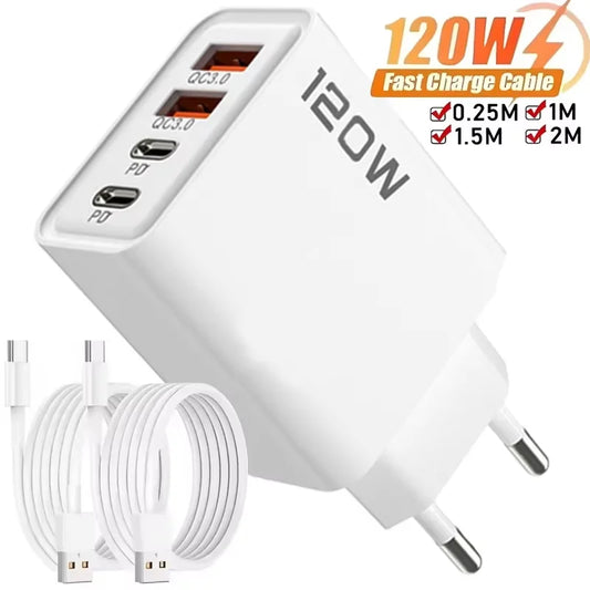 120W Süper Hızlı Şarj Adaptörü | PD + QC3.0 Destekli | Type-C + USB Duvar Şarjı | iPhone, Xiaomi, Huawei, OnePlus Uyumlu