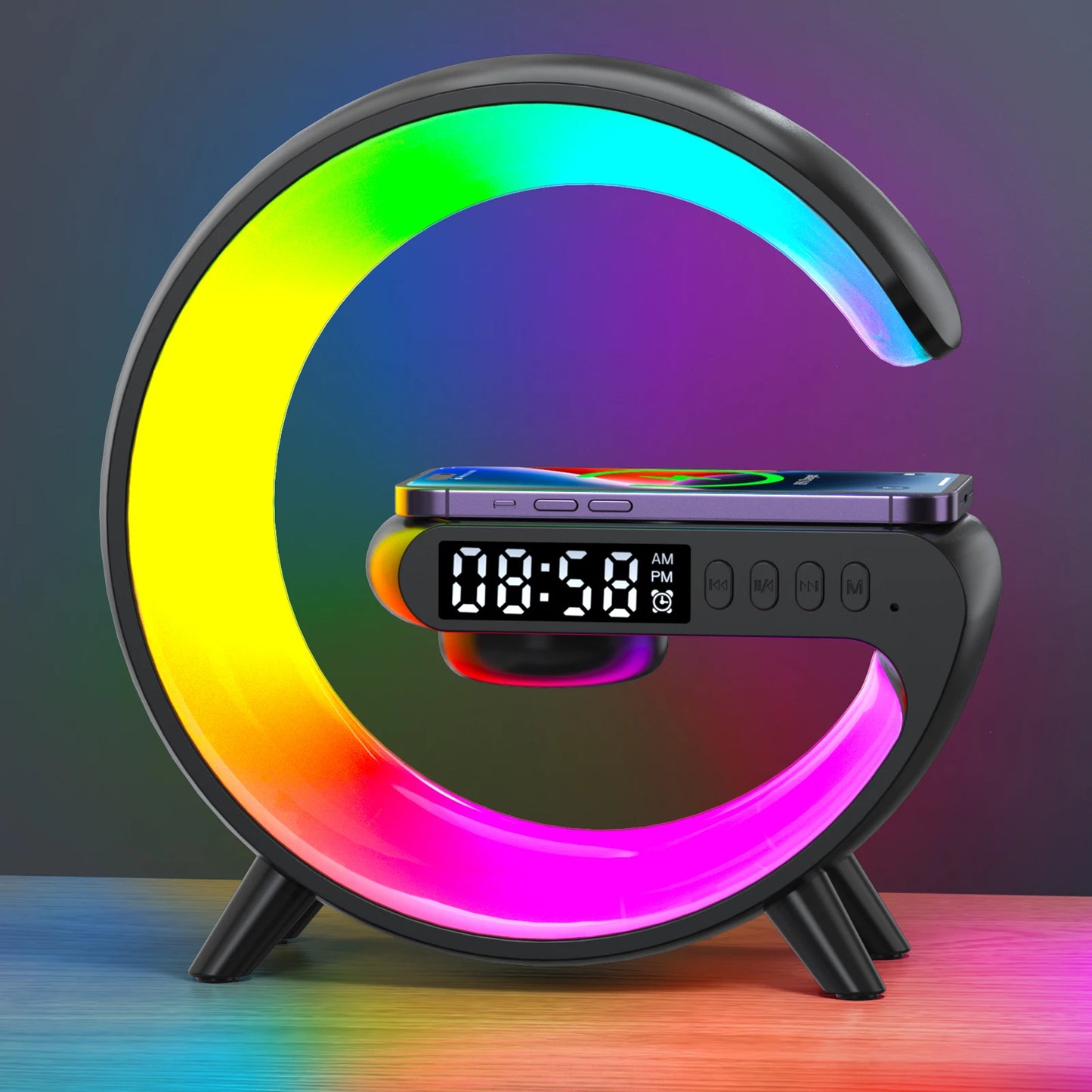 Çok Fonksiyonlu Kablosuz Şarj Cihazı & Bluetooth Hoparlör & RGB Gece Lambası – 15W Hızlı Şarj, iPhone, Samsung, Xiaomi, Huawei Uyumlu