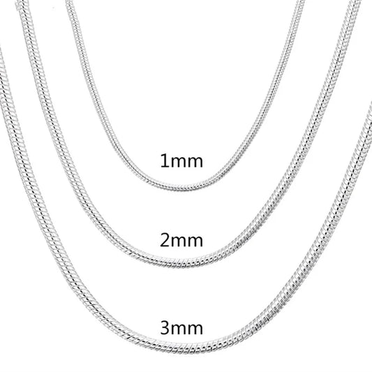 Gümüş Renk Yılan Zincir Kolye | Kadın & Erkek Unisex Takı | 1mm / 2mm / 3mm Kalınlık | 45–60cm Uzunluk | Zarif Moda Aksesuar