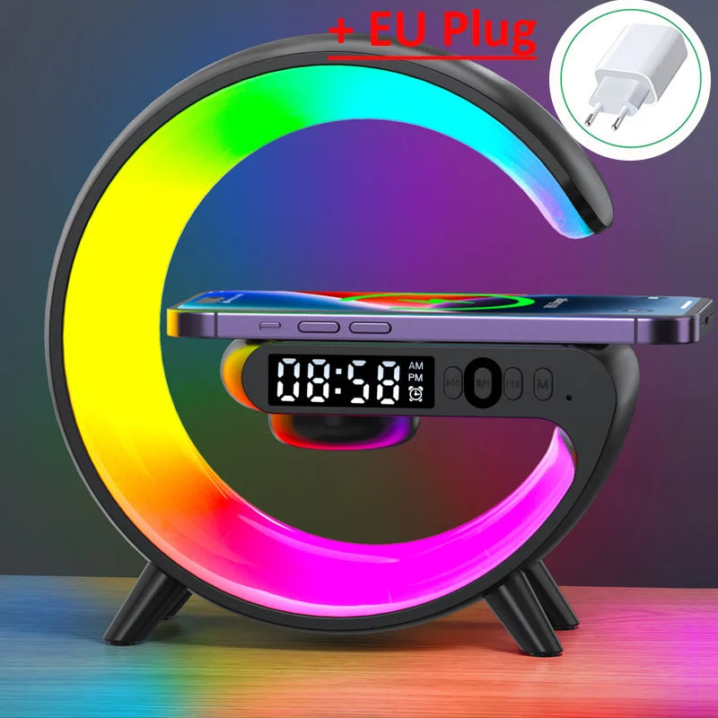 Çok Fonksiyonlu Kablosuz Şarj Cihazı & Bluetooth Hoparlör & RGB Gece Lambası – 15W Hızlı Şarj, iPhone, Samsung, Xiaomi, Huawei Uyumlu