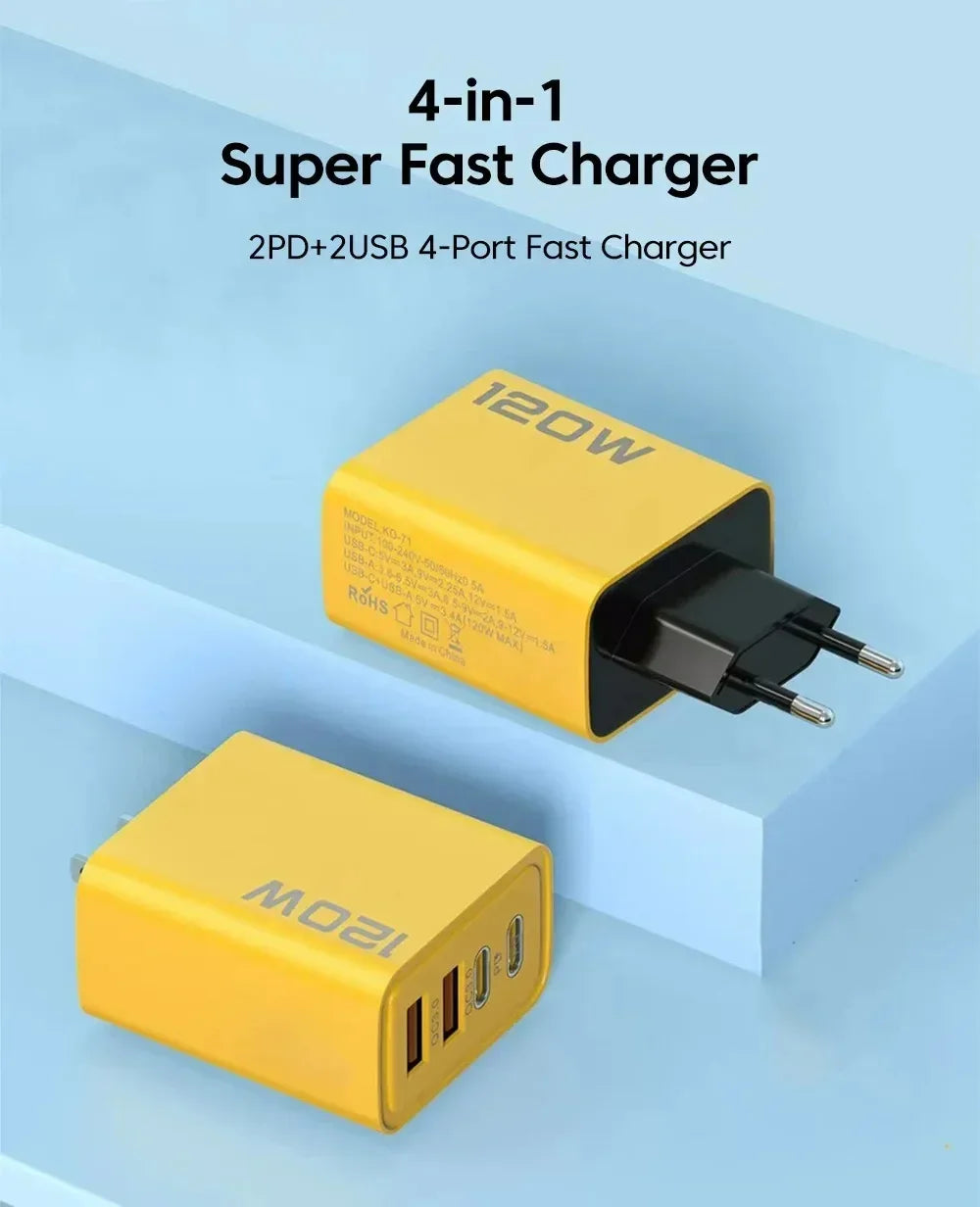 120W Süper Hızlı Şarj Adaptörü | PD + QC3.0 Destekli | Type-C + USB Duvar Şarjı | iPhone, Xiaomi, Huawei, OnePlus Uyumlu