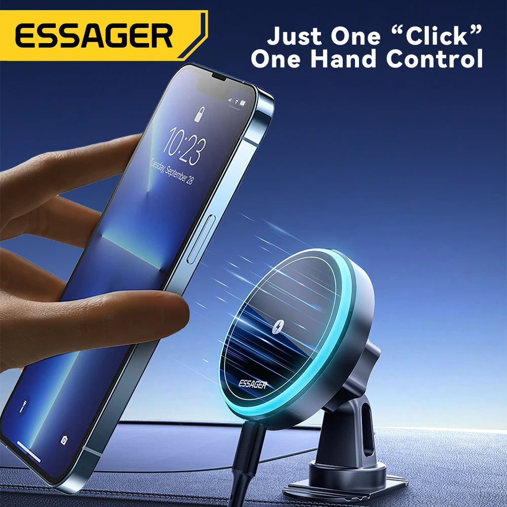 Essager RGB Işıklı Manyetik Kablosuz Araç Şarj Tutucu – 15W Hızlı Şarj, 7 Renkli Işık, iPhone 15/14/13 ve Android Uyumlu