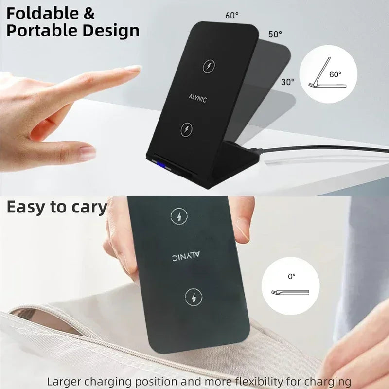 Katlanabilir Hızlı Şarjlı Kablosuz Masaüstü Şarj Standı – iPhone 11–16, Samsung S24/S23/S22, Xiaomi ve Tüm Qi Uyumlu Cihazlar için