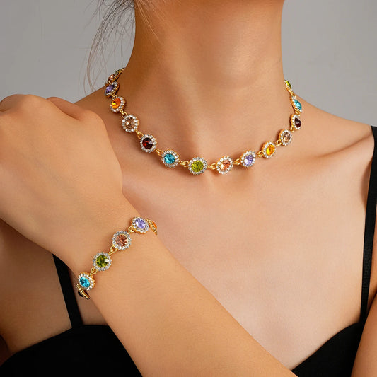 Kore Tarzı Renkli Kristal Choker Kolye & Bileklik Seti | Parlak Taşlı Kadın Moda Takı | Günlük ve Parti Şıklığı İçin