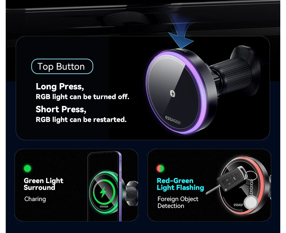 Essager RGB Işıklı Manyetik Kablosuz Araç Şarj Tutucu – 15W Hızlı Şarj, 7 Renkli Işık, iPhone 15/14/13 ve Android Uyumlu