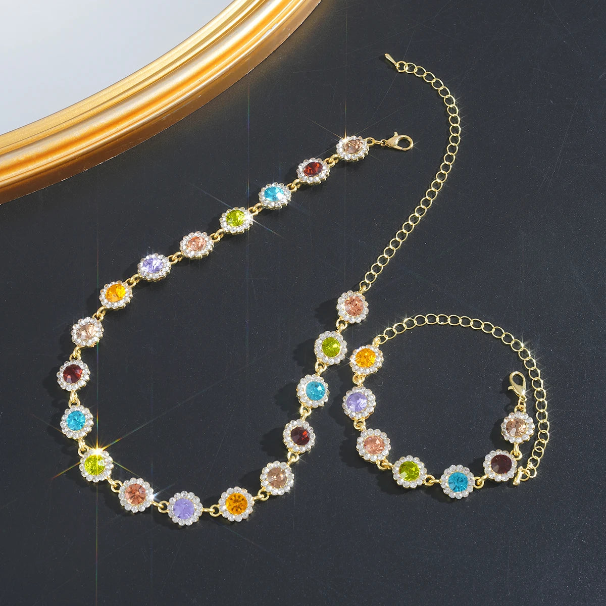 Kore Tarzı Renkli Kristal Choker Kolye & Bileklik Seti | Parlak Taşlı Kadın Moda Takı | Günlük ve Parti Şıklığı İçin