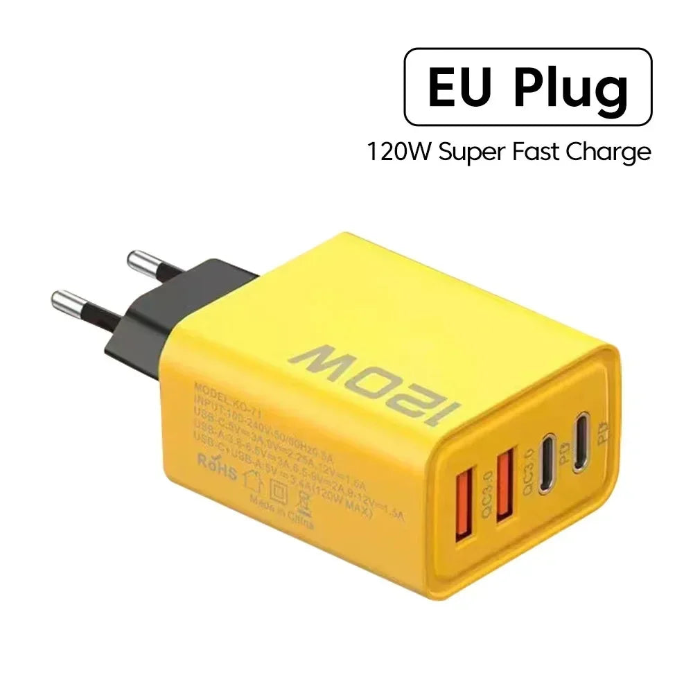 120W Süper Hızlı Şarj Adaptörü | PD + QC3.0 Destekli | Type-C + USB Duvar Şarjı | iPhone, Xiaomi, Huawei, OnePlus Uyumlu