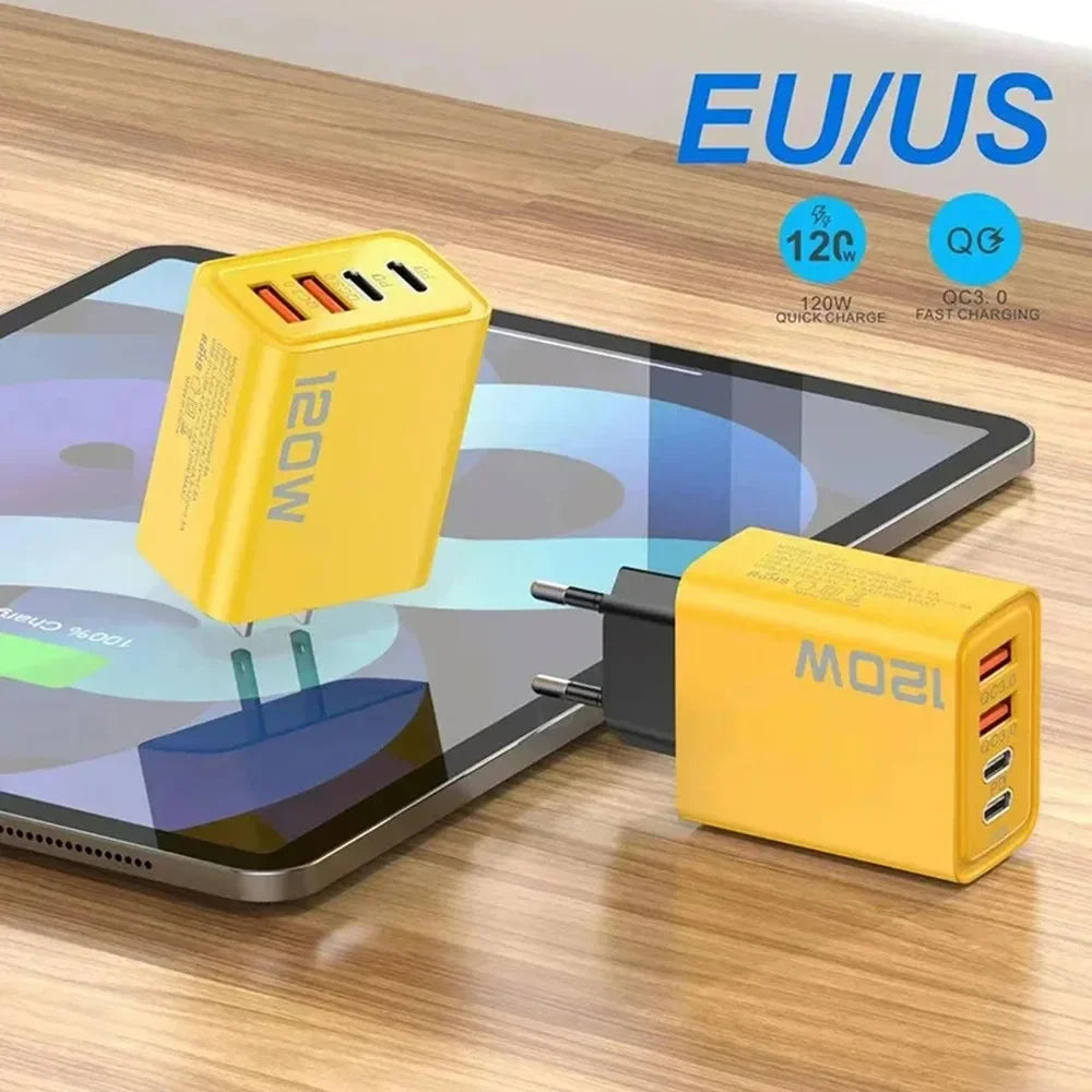 120W Süper Hızlı Şarj Adaptörü | PD + QC3.0 Destekli | Type-C + USB Duvar Şarjı | iPhone, Xiaomi, Huawei, OnePlus Uyumlu