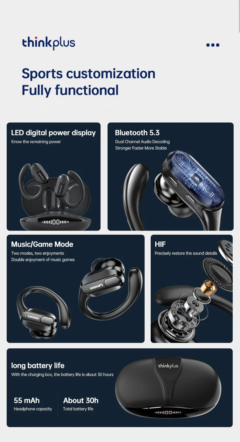 Orijinal Lenovo XT80 Spor Kablosuz Kulaklık – Mikrofonlu, LED Güç Göstergeli, HiFi Stereo Ses, Bluetooth 5.3 TWS Kulak İçi Kulaklık