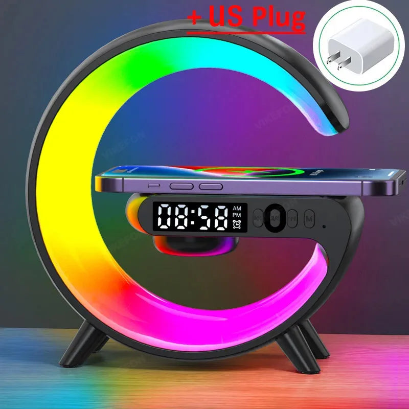 Çok Fonksiyonlu Kablosuz Şarj Cihazı & Bluetooth Hoparlör & RGB Gece Lambası – 15W Hızlı Şarj, iPhone, Samsung, Xiaomi, Huawei Uyumlu