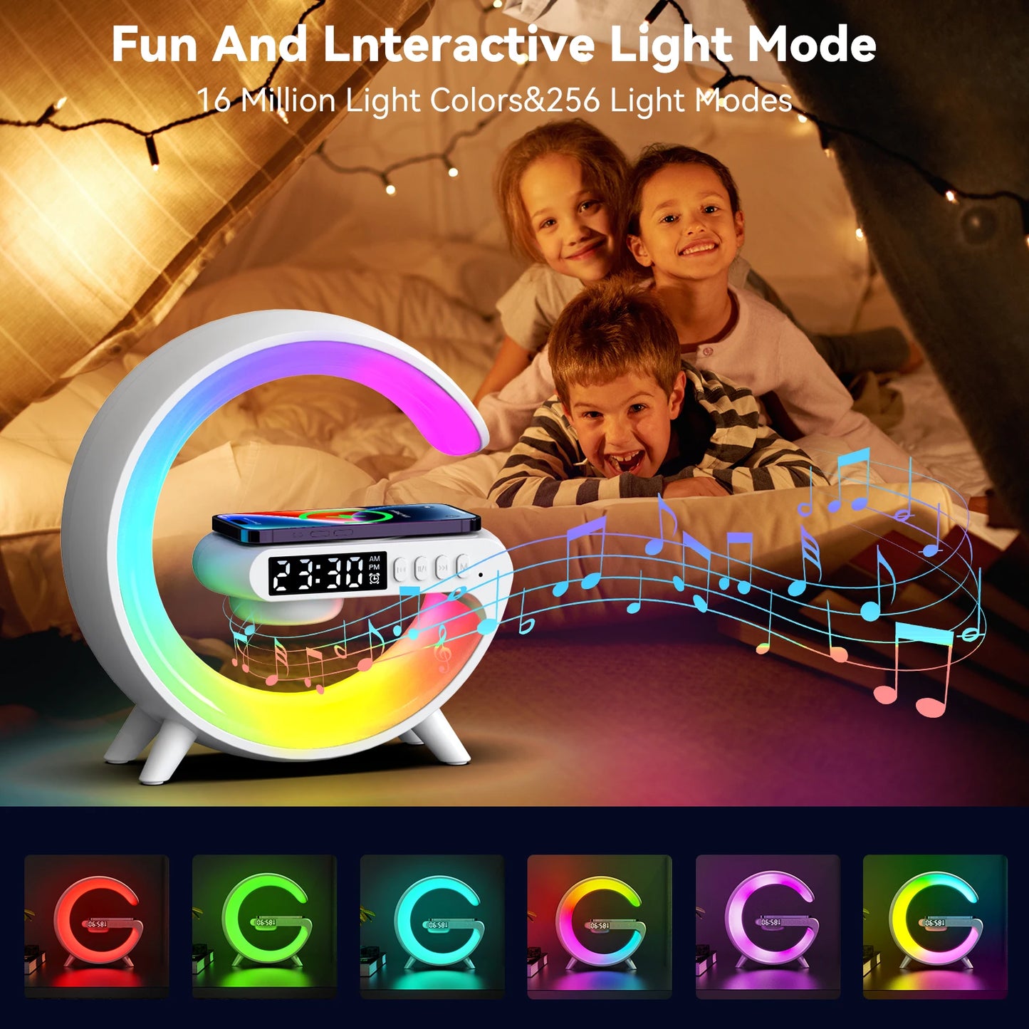 Çok Fonksiyonlu Kablosuz Şarj Cihazı & Bluetooth Hoparlör & RGB Gece Lambası – 15W Hızlı Şarj, iPhone, Samsung, Xiaomi, Huawei Uyumlu