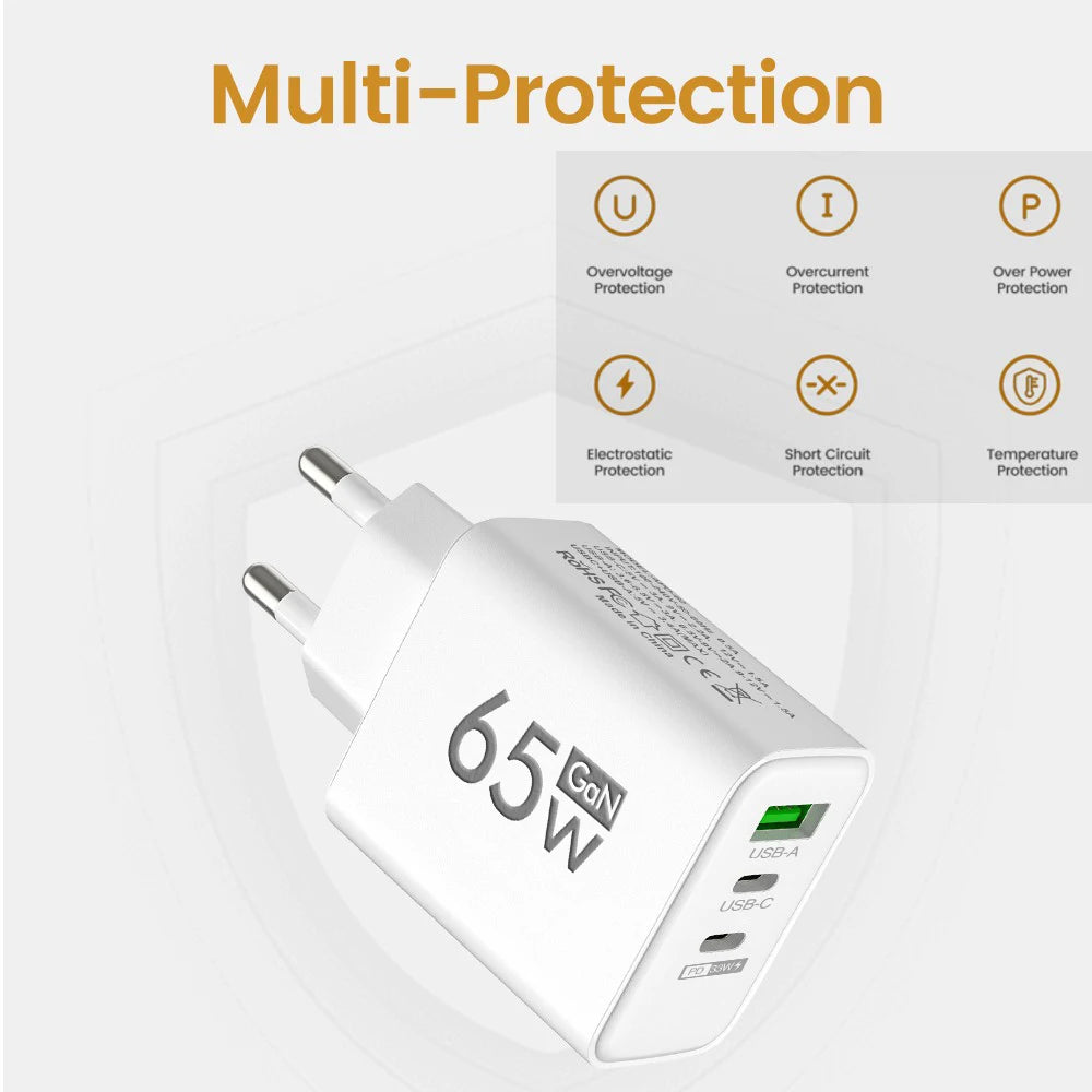 3 Portlu Hızlı Şarj Adaptörü | PD & QC3.0 Destekli | Type-C + USB | iPhone 16, Samsung, Xiaomi, Huawei Uyumlu Duvar Şarj Cihazı (EU/US/KR Priz)