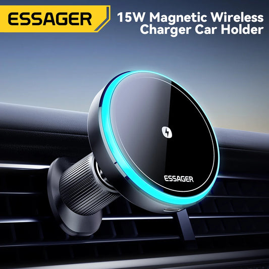 Essager RGB Işıklı Manyetik Kablosuz Araç Şarj Tutucu – 15W Hızlı Şarj, 7 Renkli Işık, iPhone 15/14/13 ve Android Uyumlu