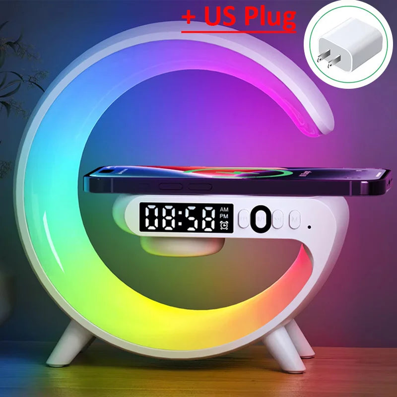 Çok Fonksiyonlu Kablosuz Şarj Cihazı & Bluetooth Hoparlör & RGB Gece Lambası – 15W Hızlı Şarj, iPhone, Samsung, Xiaomi, Huawei Uyumlu
