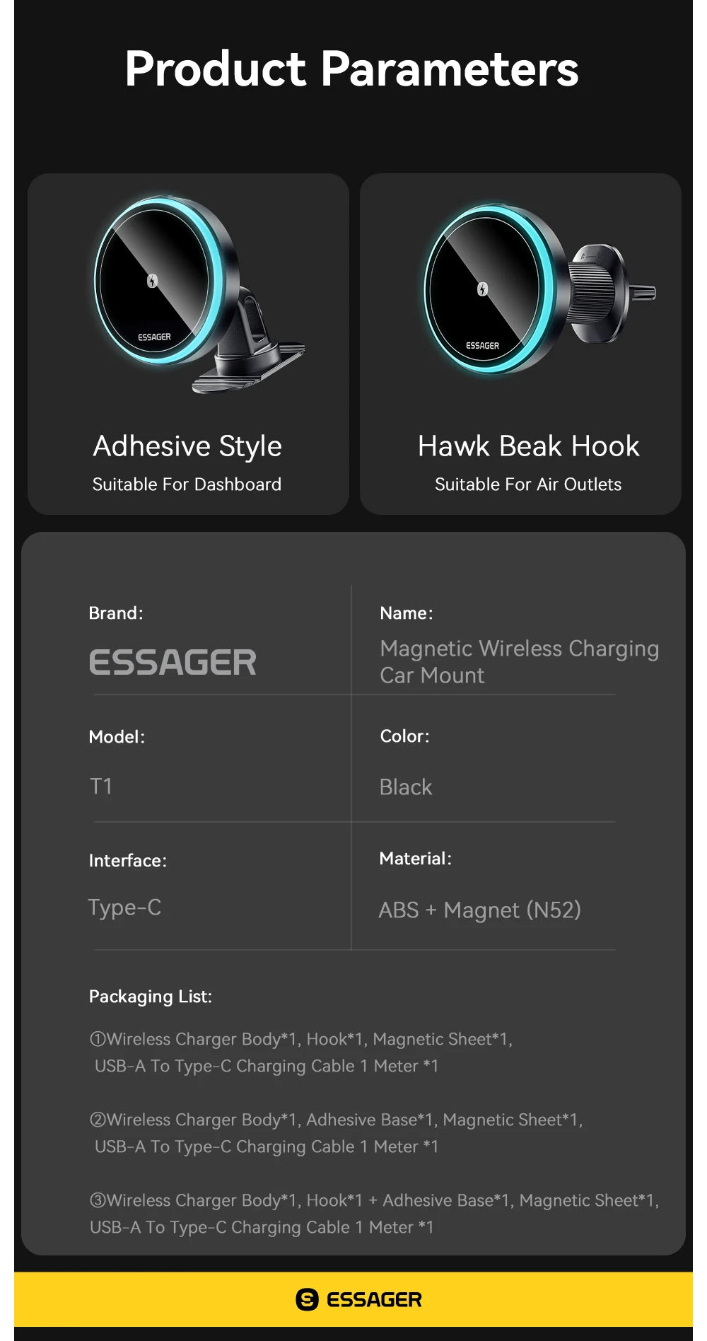 Essager RGB Işıklı Manyetik Kablosuz Araç Şarj Tutucu – 15W Hızlı Şarj, 7 Renkli Işık, iPhone 15/14/13 ve Android Uyumlu