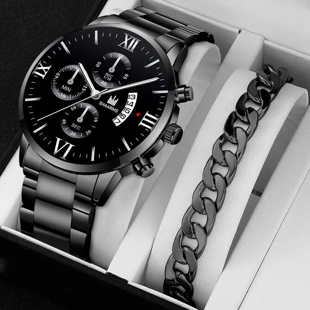 Erkek Moda ve İş Tarzı Quartz Kol Saati | Üç Gözlü Tasarım, Takvimli, Paslanmaz Çelik Kordon