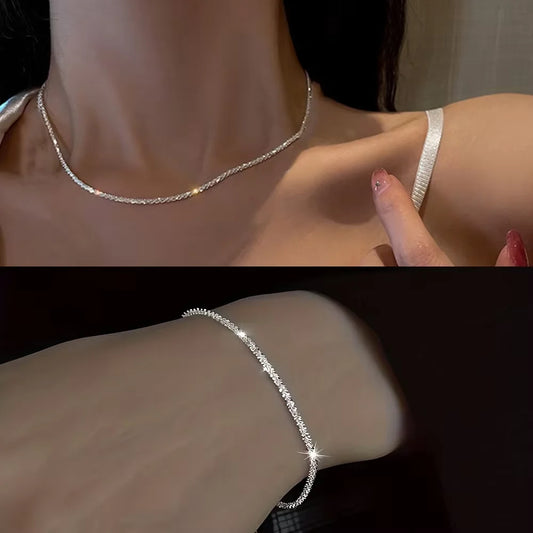 Parlak Gümüş Kaplama Zincir Kolye & Bileklik Seti | Kadın Minimalist Yıldızlı Gökyüzü Takı | Zarif ve Şık Aksesuar