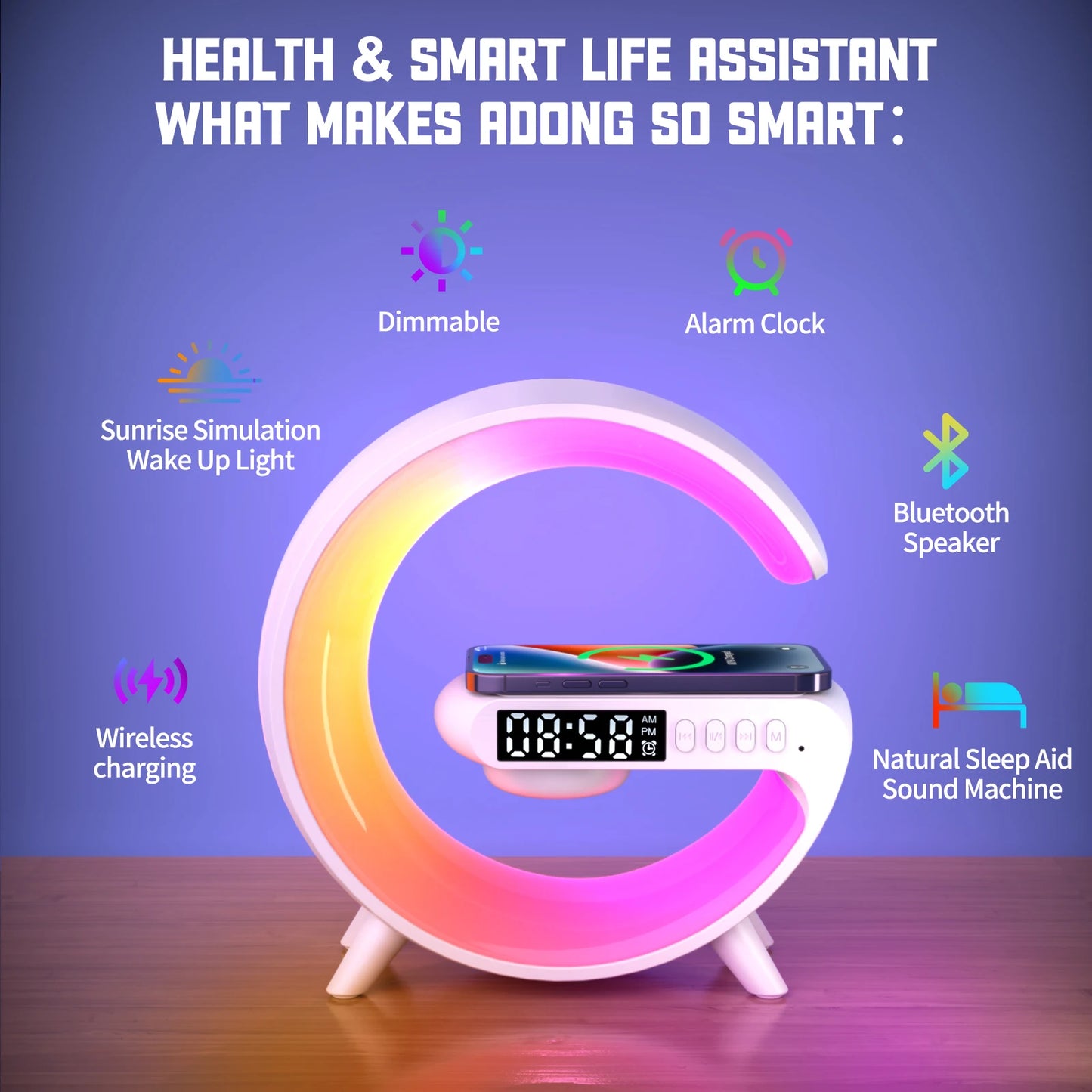 Çok Fonksiyonlu Kablosuz Şarj Cihazı & Bluetooth Hoparlör & RGB Gece Lambası – 15W Hızlı Şarj, iPhone, Samsung, Xiaomi, Huawei Uyumlu