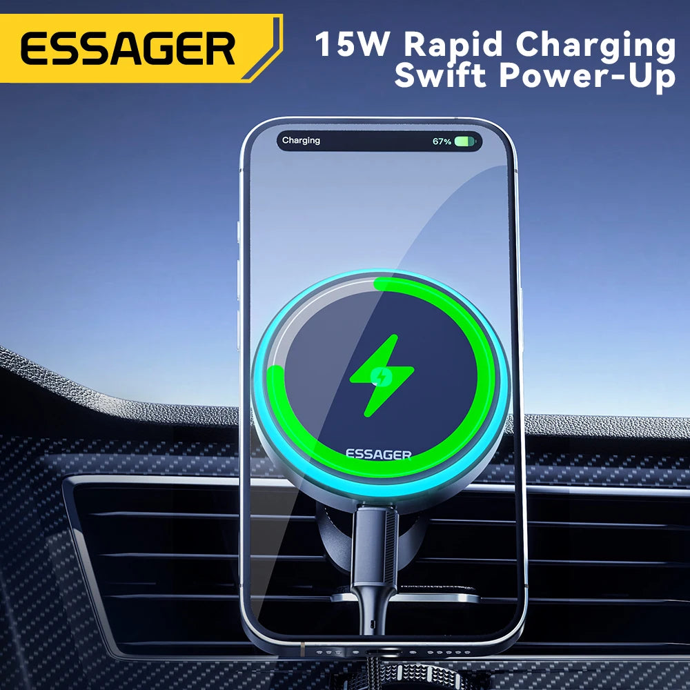 Essager RGB Işıklı Manyetik Kablosuz Araç Şarj Tutucu – 15W Hızlı Şarj, 7 Renkli Işık, iPhone 15/14/13 ve Android Uyumlu