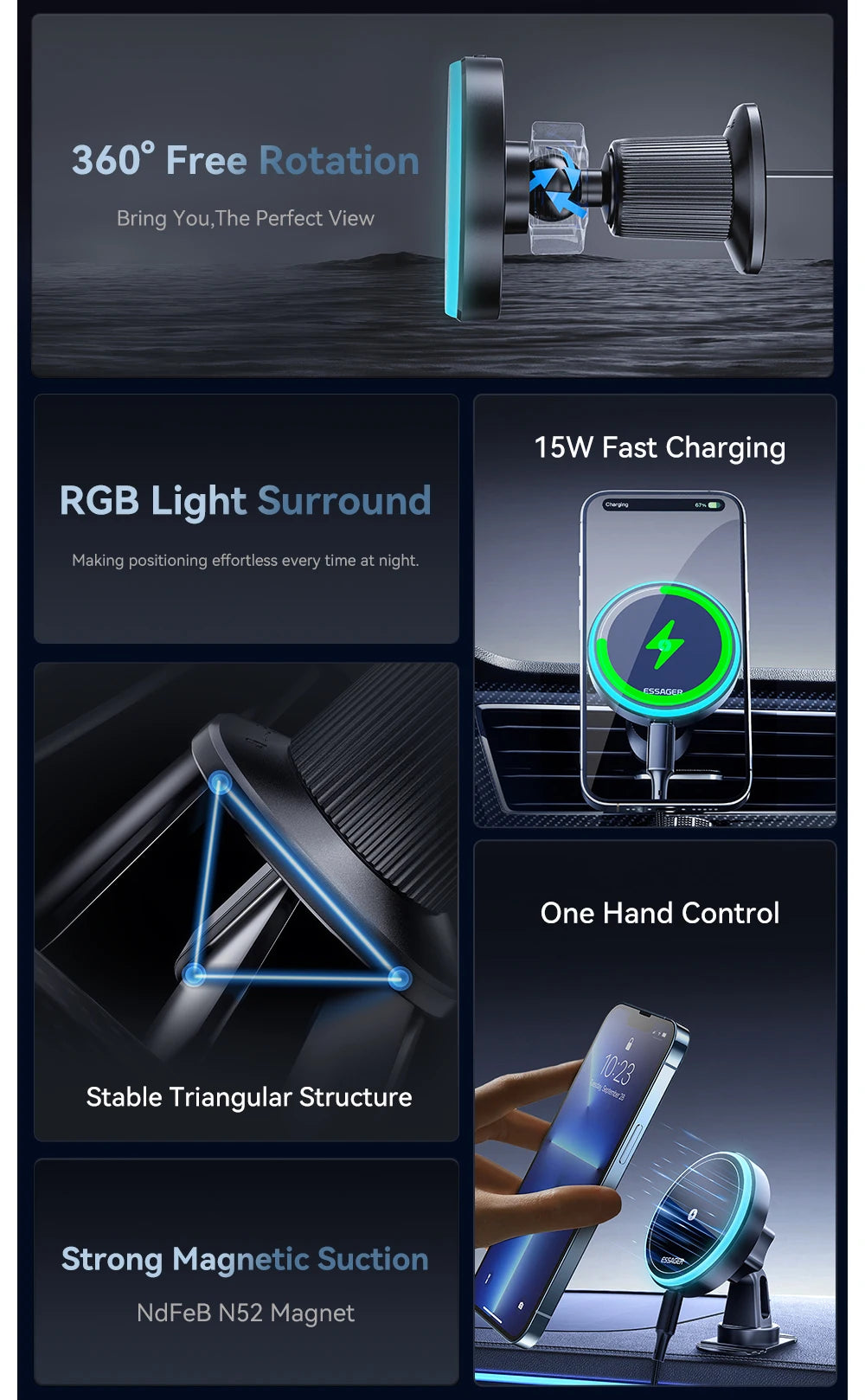 Essager RGB Işıklı Manyetik Kablosuz Araç Şarj Tutucu – 15W Hızlı Şarj, 7 Renkli Işık, iPhone 15/14/13 ve Android Uyumlu