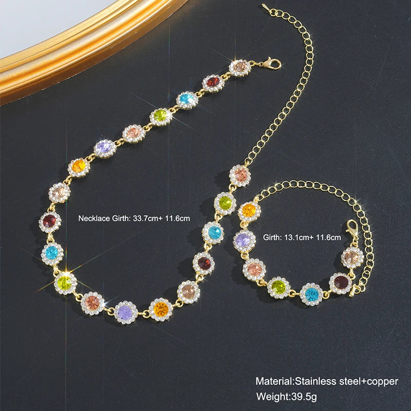 Kore Tarzı Renkli Kristal Choker Kolye & Bileklik Seti | Parlak Taşlı Kadın Moda Takı | Günlük ve Parti Şıklığı İçin