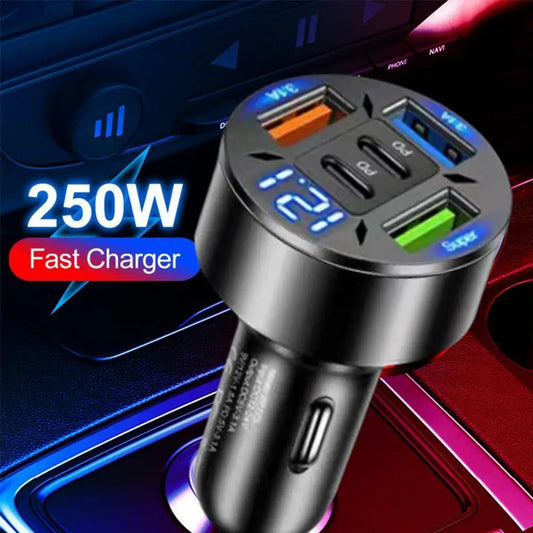250W 5 Portlu Araç Şarj Cihazı | PD & QC3.0 Hızlı Şarj | Type-C Adaptör | iPhone & Android Uyumlu